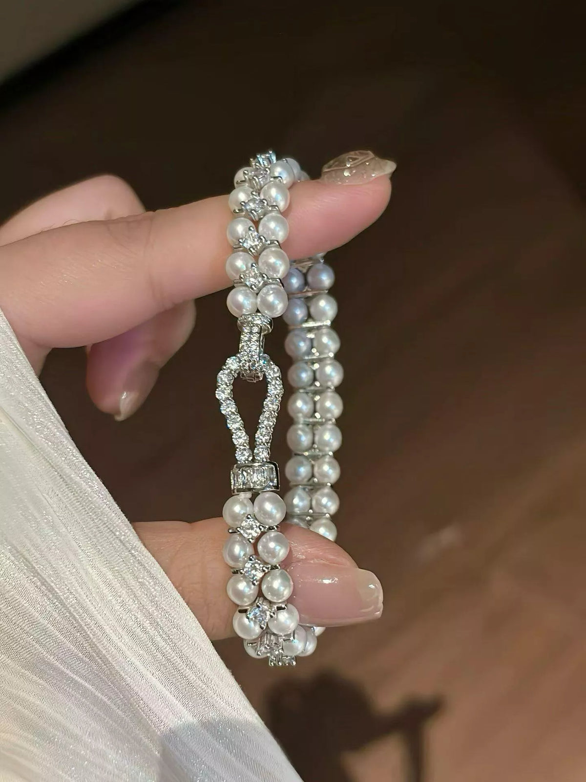 Pearl & Zircon Embellished Bracelet in Silver - women's pearl bracelet