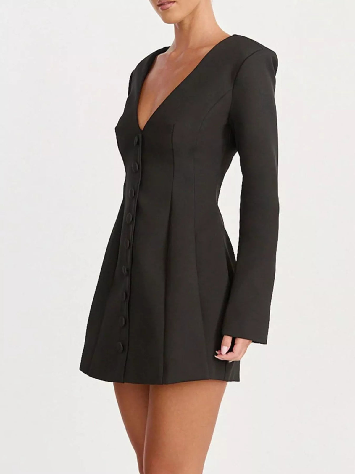 Deep V-Neck Button-Down Blazer Dress in Black - Blossom's