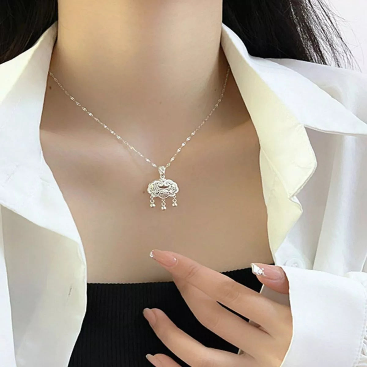 Sterling Silver Lock Pendant Necklace - alternate necklace view