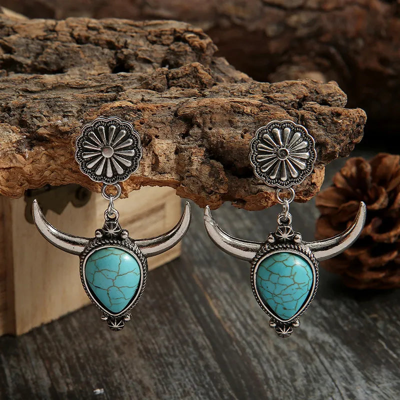 Artificial Turquoise Alloy Cow Head Earrings - alternate earring view