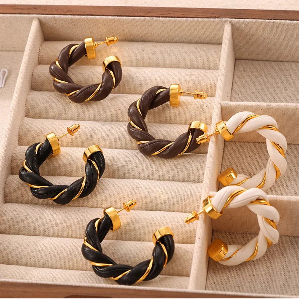 Twisted Leather Rope C-Hoop Earrings - alternate earring view