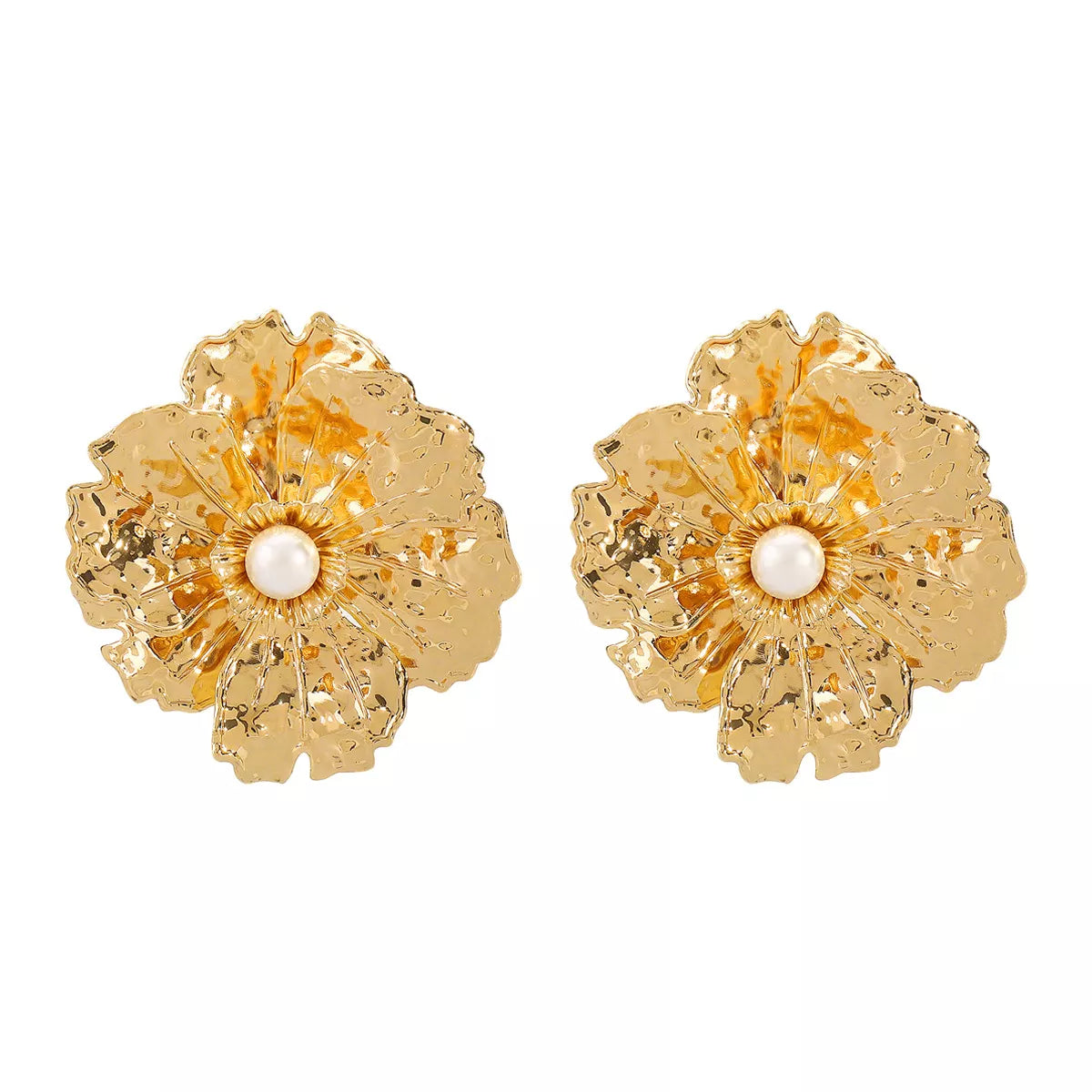 Gold Textured Flower Pearl Center Statement Earrings - alternate earring view