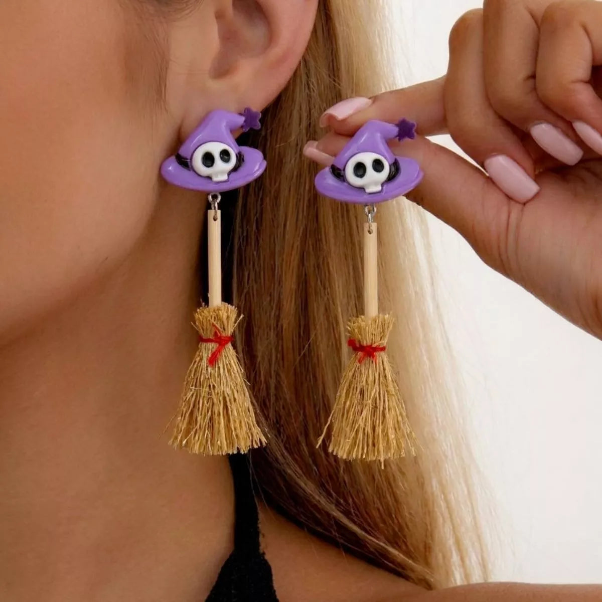 Halloween Witch Hat and Broomstick Dangle Earrings in Heliotrope Purple - women's dangle earrings