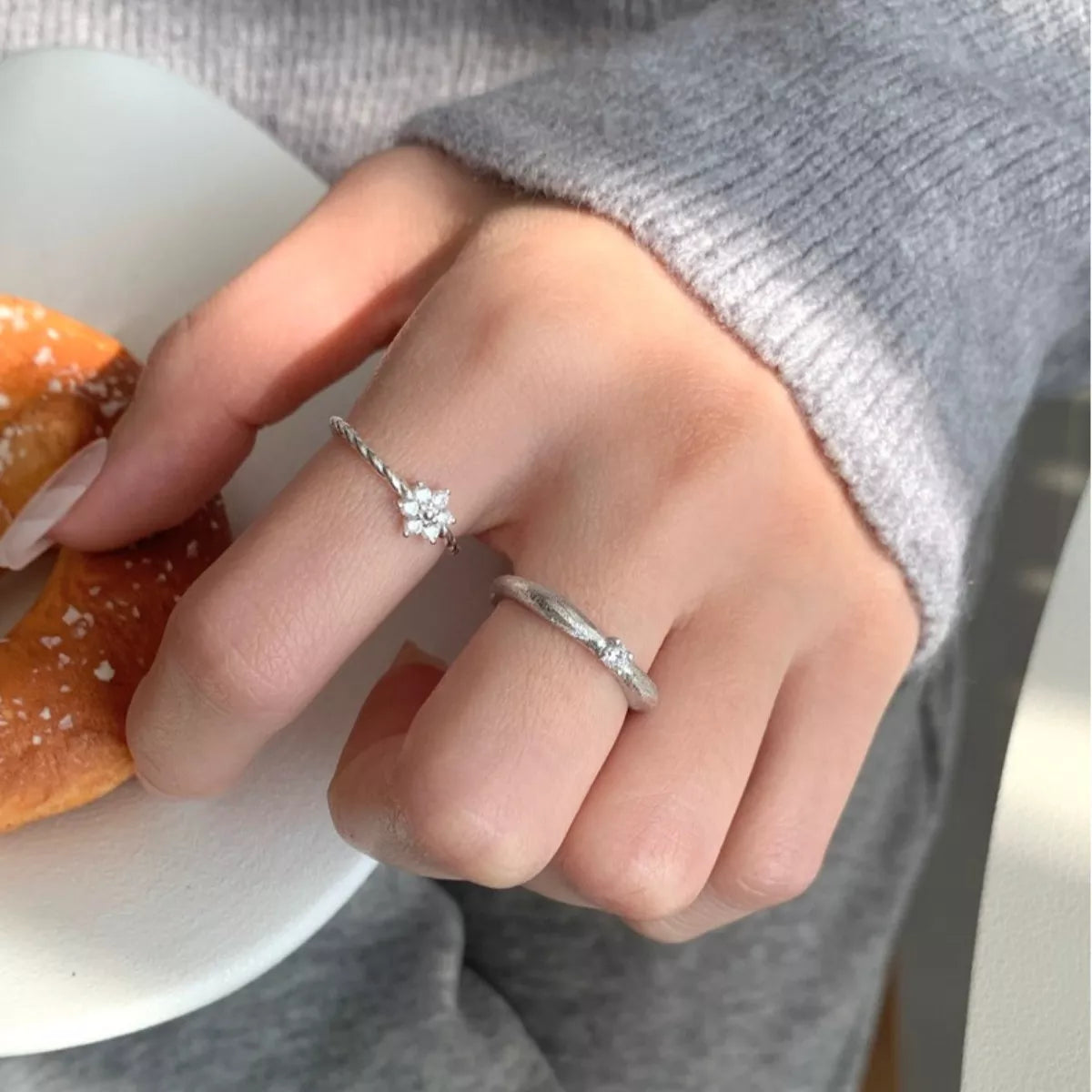 Sterling Silver Zircon Flower Open Ring - alternate ring view