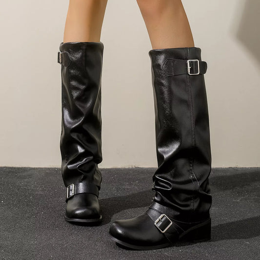 Slouchy Mid-Calf Boots with Buckle Straps in Black - women's mid-calf boots