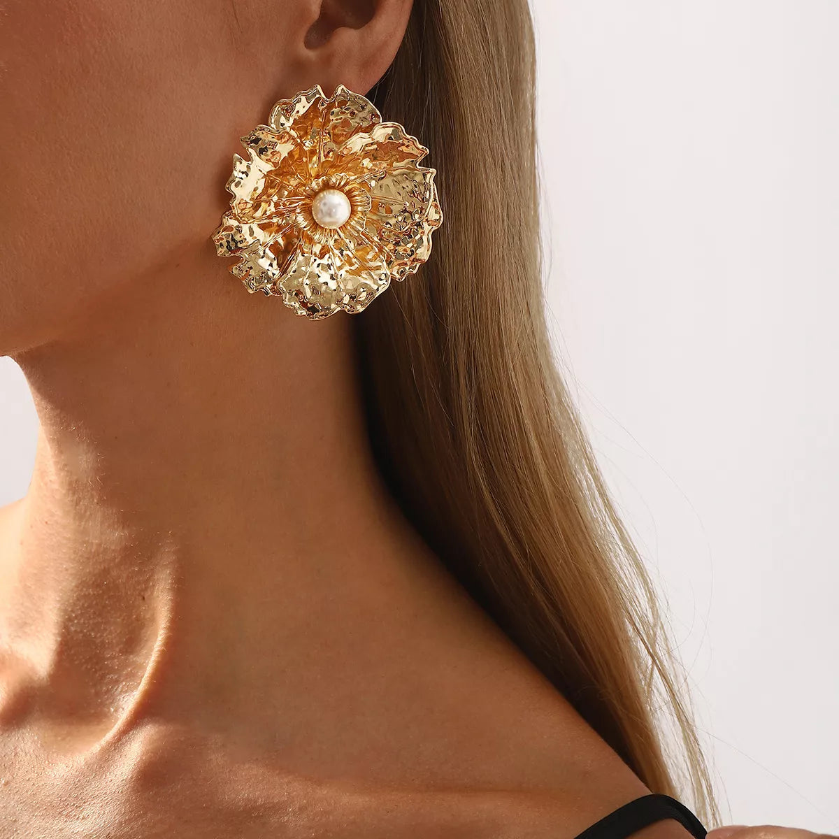 Gold Textured Flower Pearl Center Statement Earrings - alternate earring view