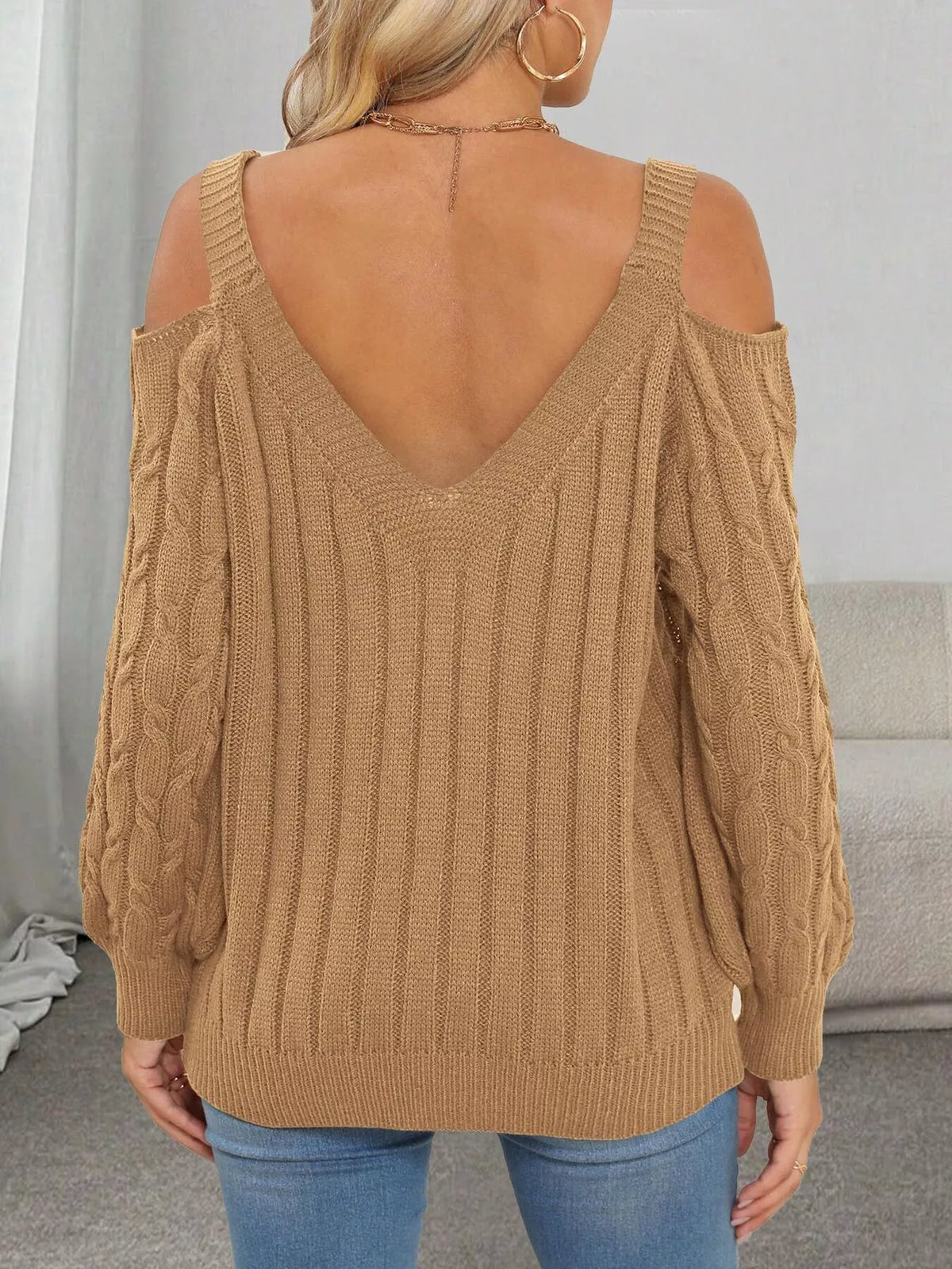 Floral Applique Cold Shoulder Cable-Knit Sweater in Camel Color - women's sweater