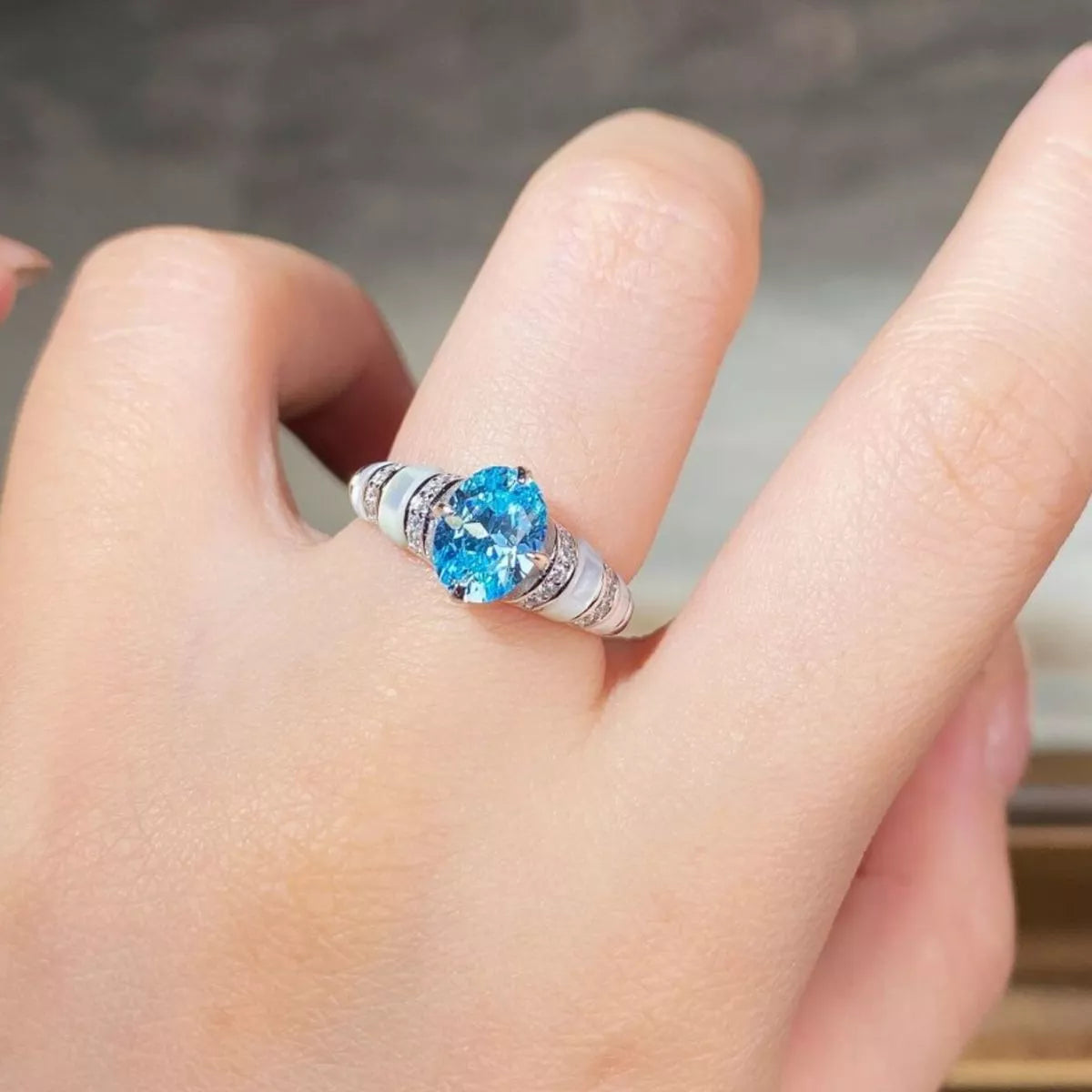 Sterling Silver Zircon Geometric Ring in Sky Blue - women's ring