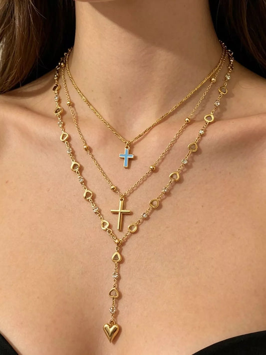 Layered Cross and Heart Necklace in Gold - women's layered necklace