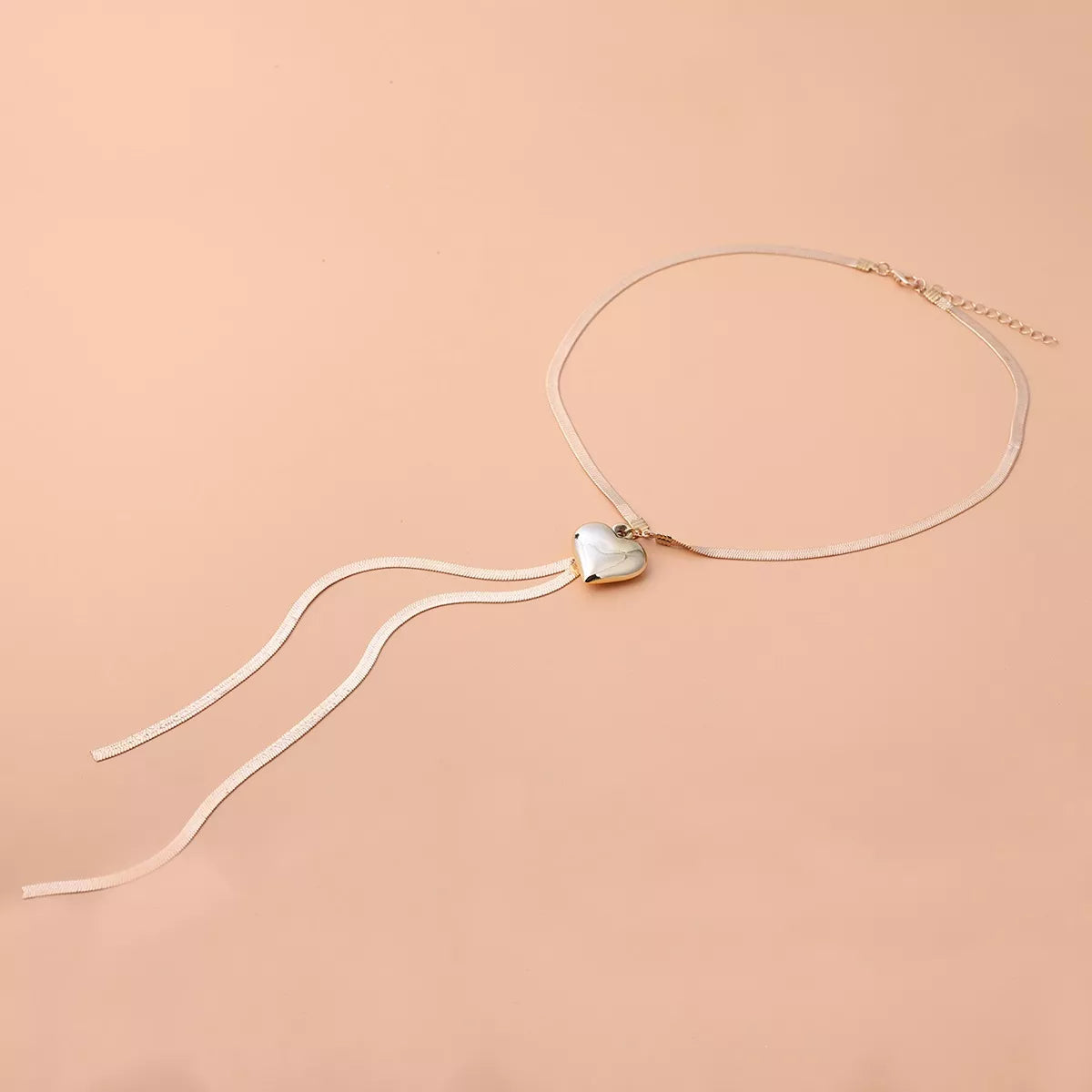 Gold-Tone Herringbone Chain Necklace with Heart Pendant Lariat Design - alternate necklace view