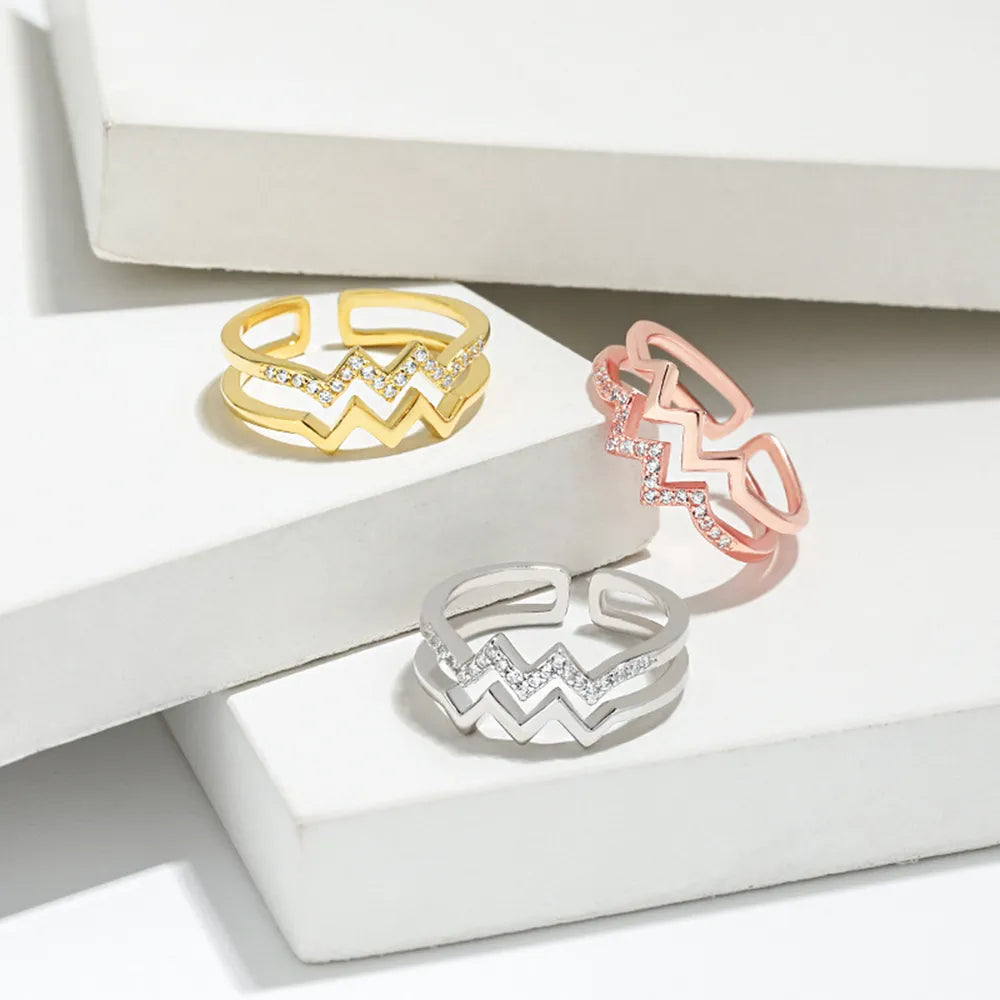 Wave Shape Inlaid Zircon Open Ring in Silver - women's open ring