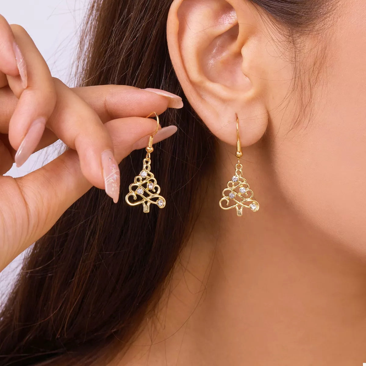 18K Gold-Plated Rhinestone Christmas Tree Dangle Earrings in Gold - women's dangle earrings