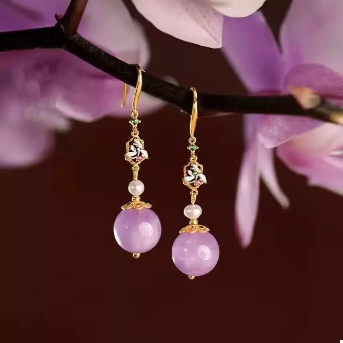 Pearl Drop Earrings in Purple - women's drop earrings