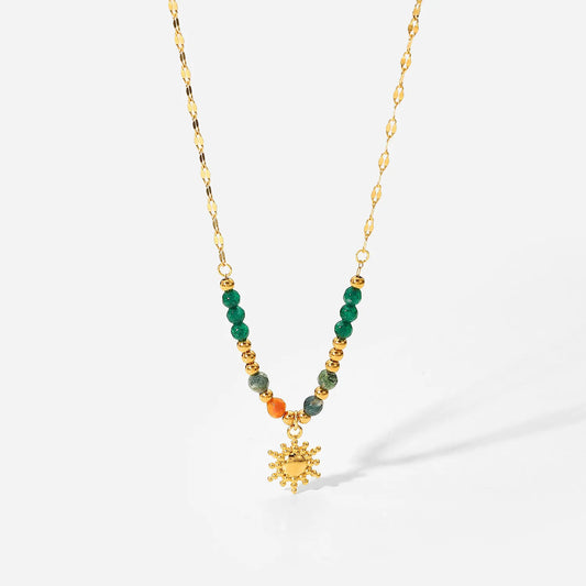 Bohemian Sun Charm Beaded Stainless Steel Necklace in Gold - women's necklace