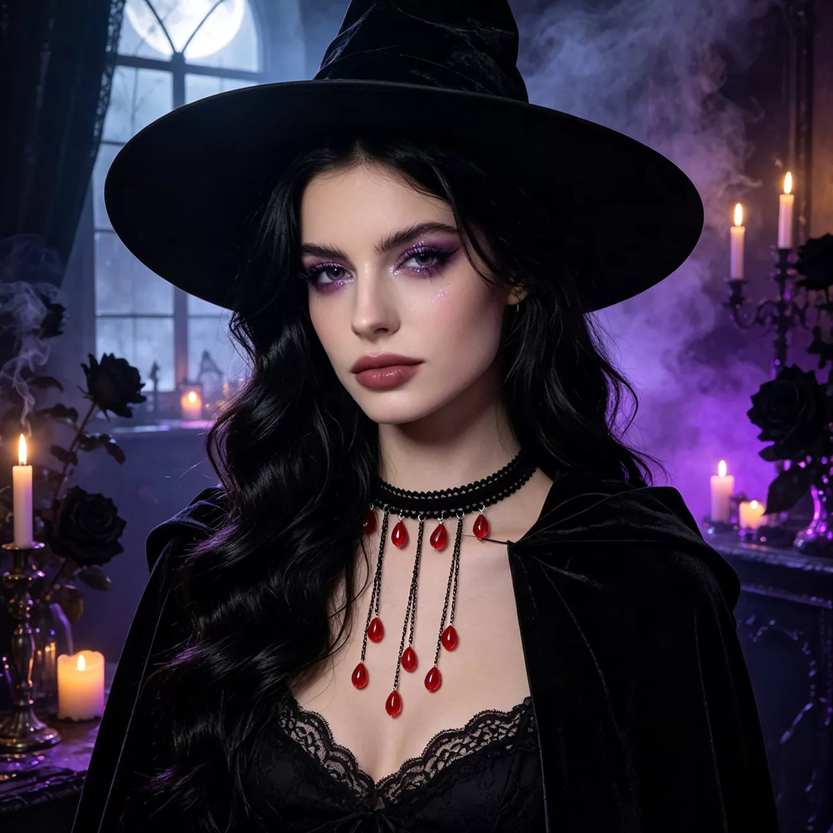 Gothic Lace Choker Necklace with Teardrop Dangle Charms - alternate necklace view
