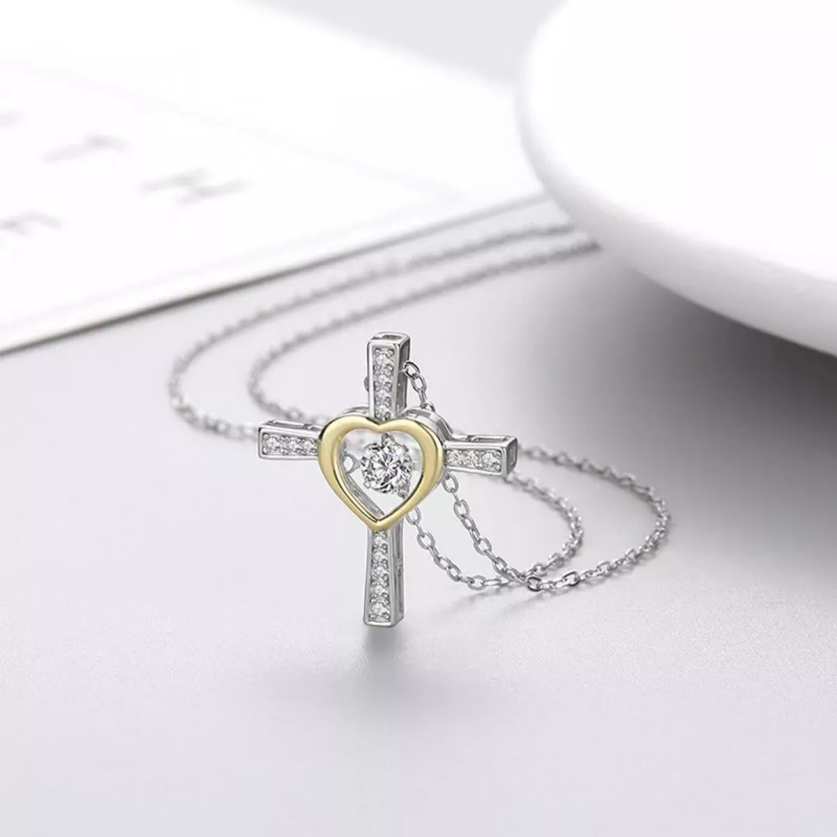 Sterling Silver Heart Cross Necklace - alternate necklace view