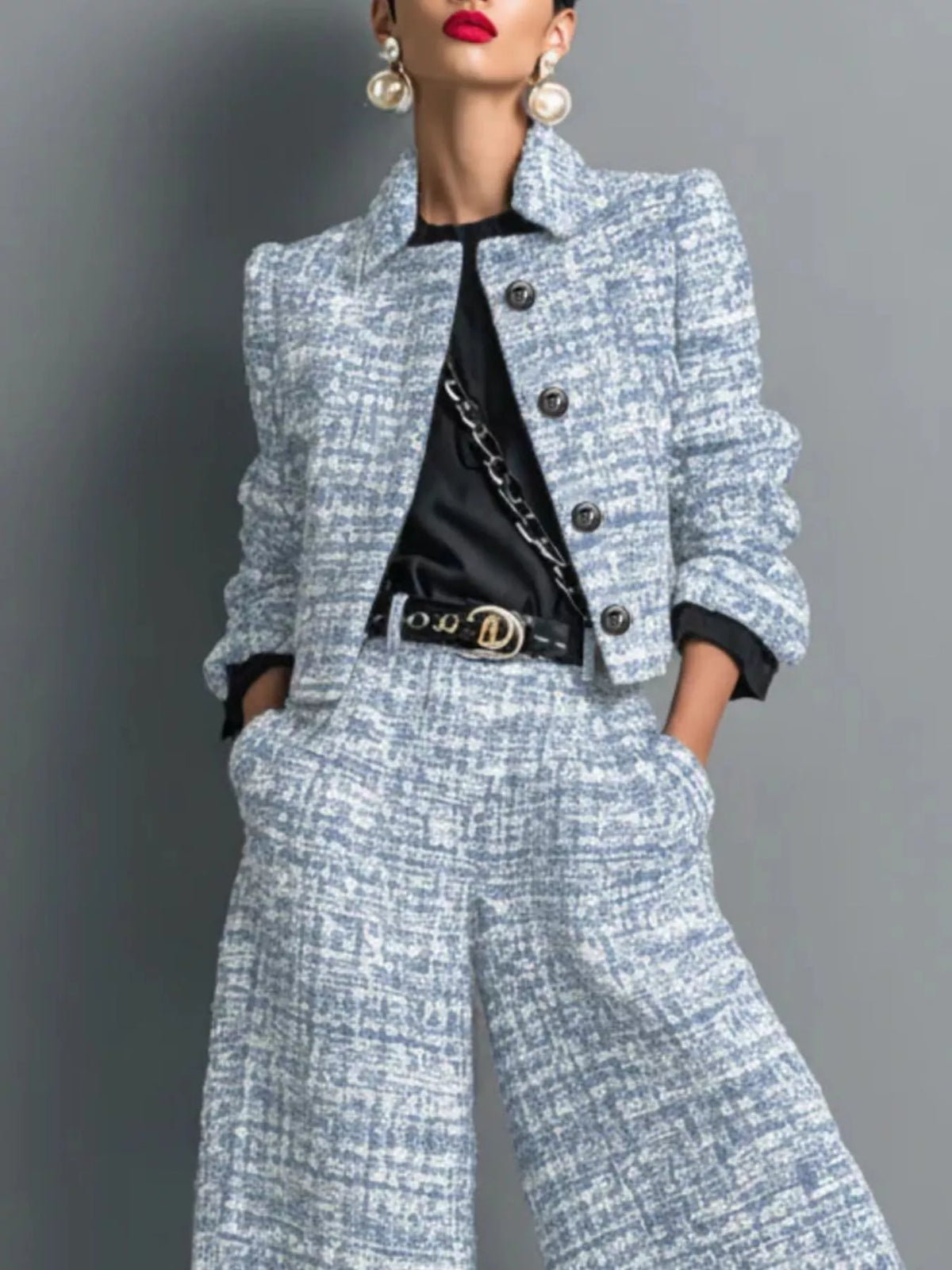 Tweed Cropped Jacket and Wide-Leg Pants Set in Black - Blossom's