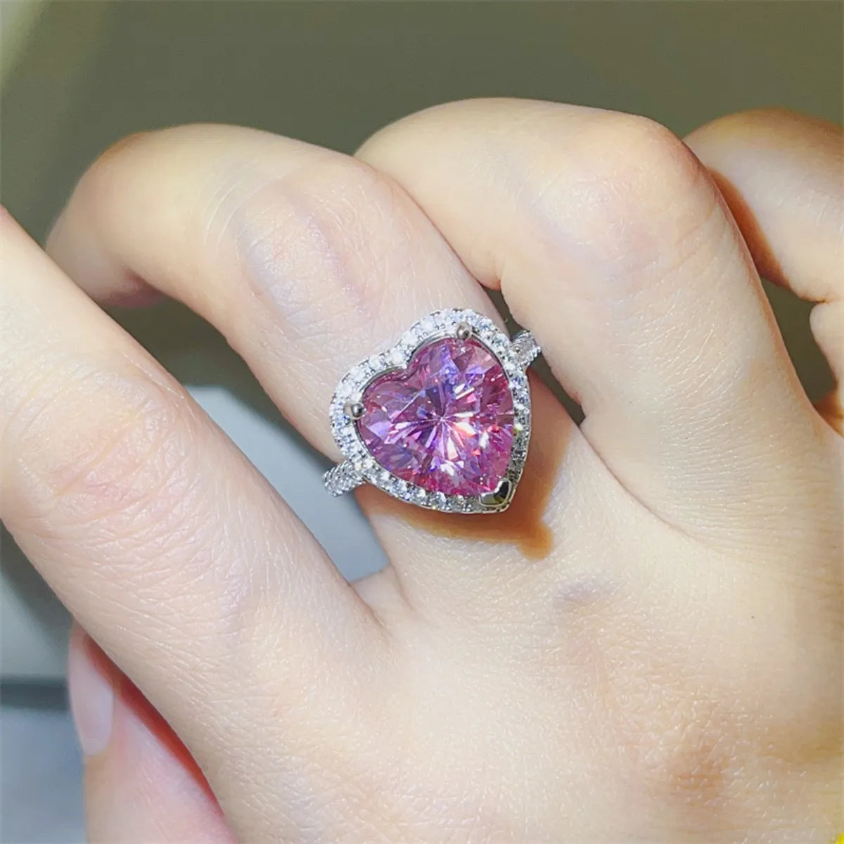 5 Carat Moissanite Sterling Silver Heart Ring in Fuchsia Pink - women's ring