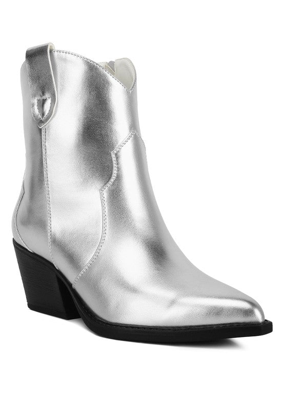 Metallic Faux Leather Boots designed to master the trend. Featuring pull tabs, a pointed toe, and side zipper closure, these boots also have low-stacked block heels and mock stitch detail for added style. Made with metallic faux leather, they include a light cushion insole for comfort and a TPR outer sole for durability. Enjoy free shipping on ALL orders. Shop now!