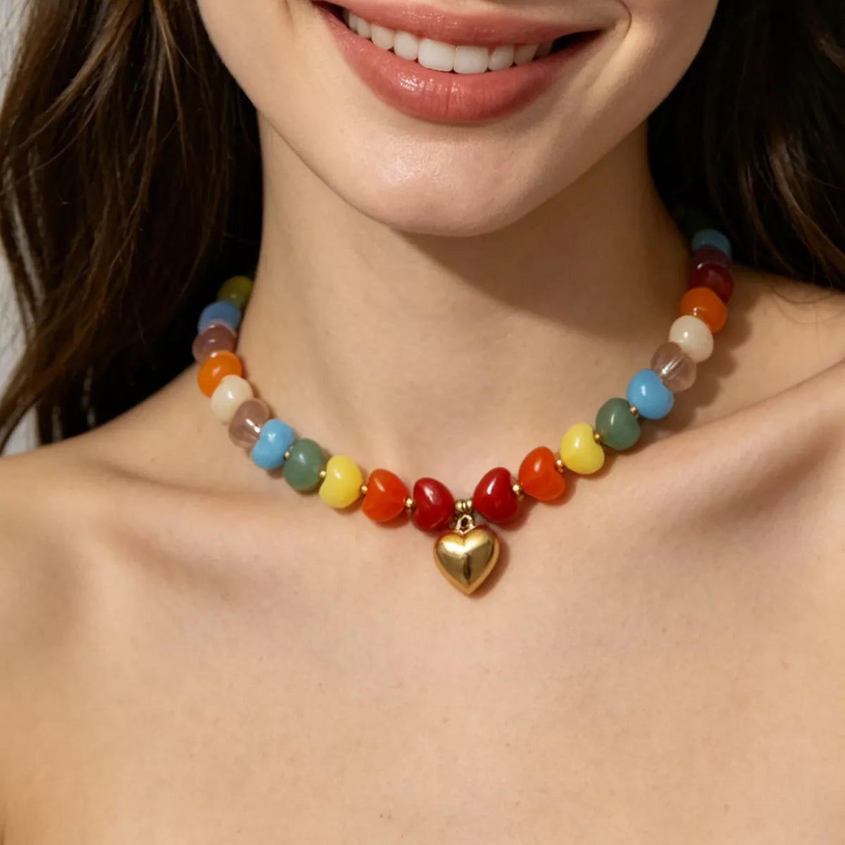 Colorful Heart Pendant Beaded Collarbone Necklace - alternate necklace view
