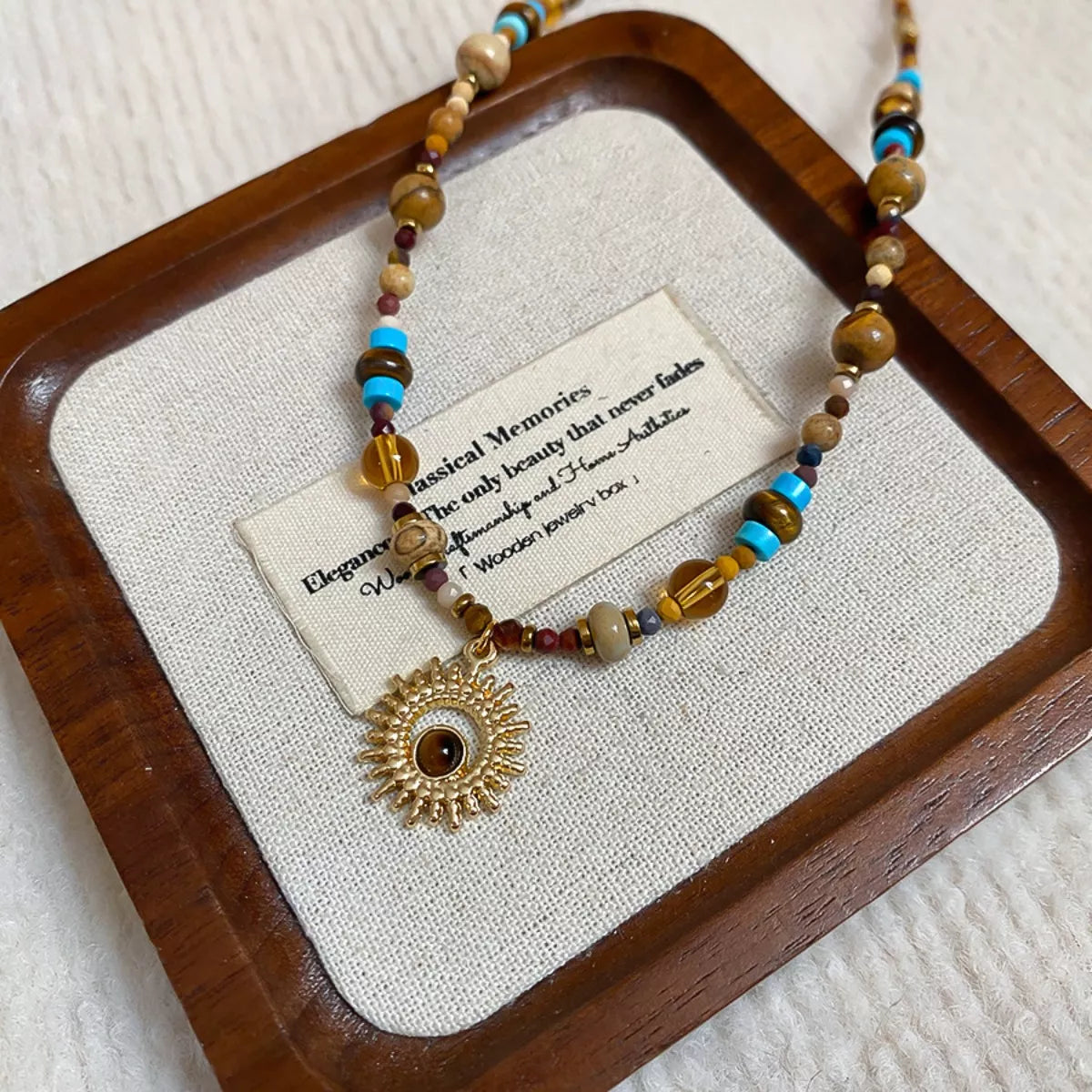 Multi-Color Beaded Sunflower Pendant Necklace - alternate necklace view