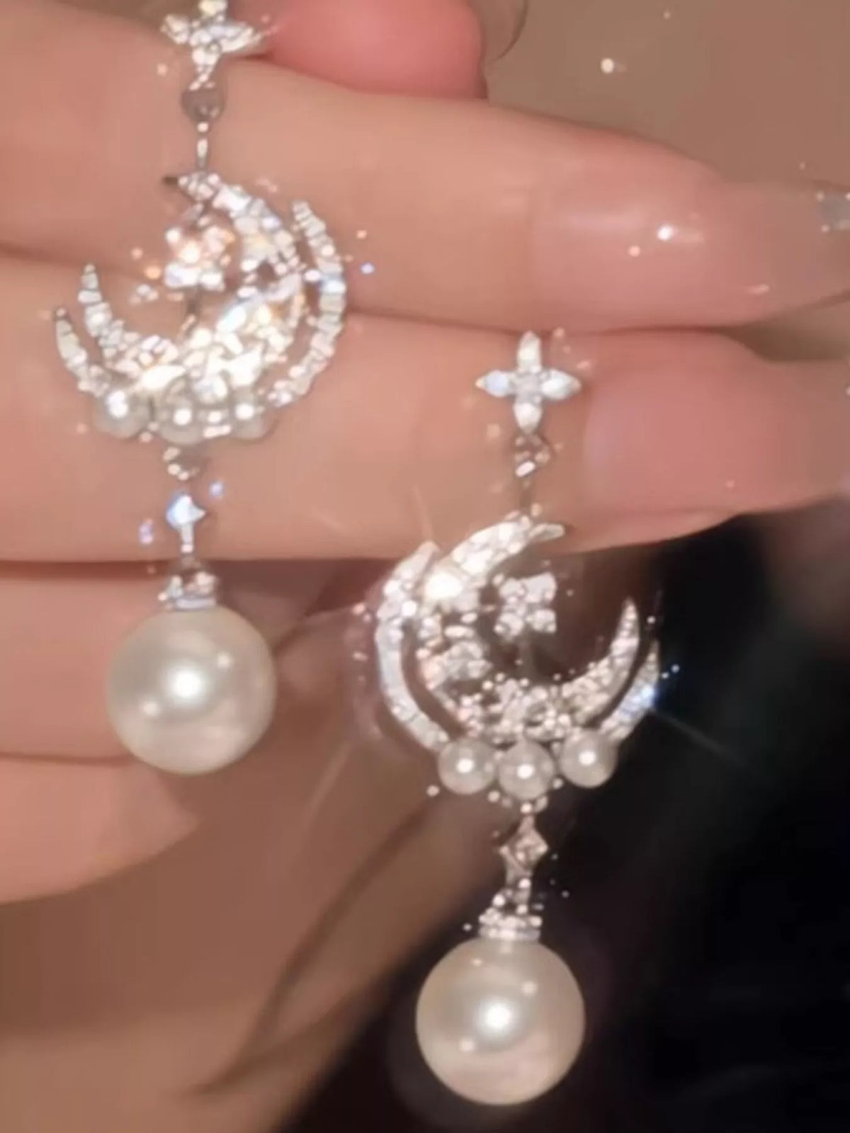 Moon & Star Pearl Dangle Earrings - alternate earring view