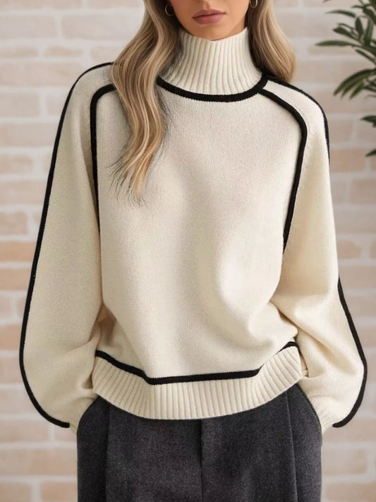 Contrast Trim Turtleneck Sweater in Beige - women's turtleneck sweater