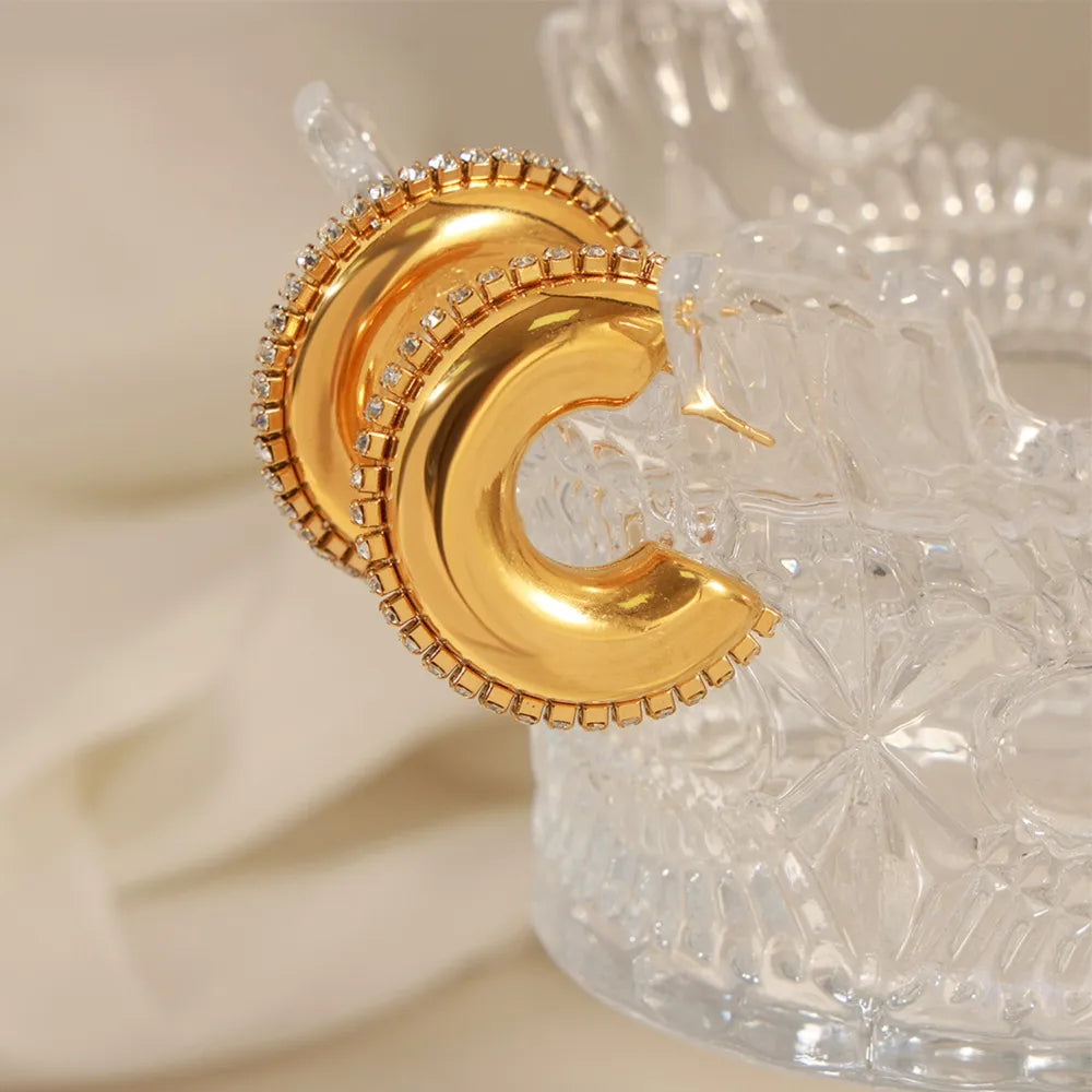 Titanium Steel Inlaid Zircon C-Hoop Earrings - alternate earring view