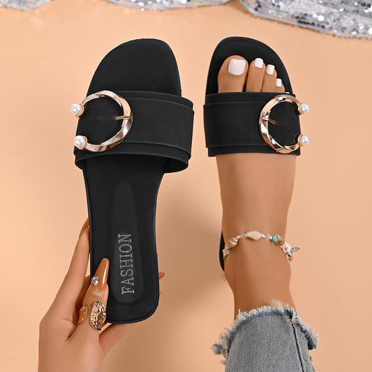Buckle Decor Open-Toe Sandals in Ivory - women's flat sandals