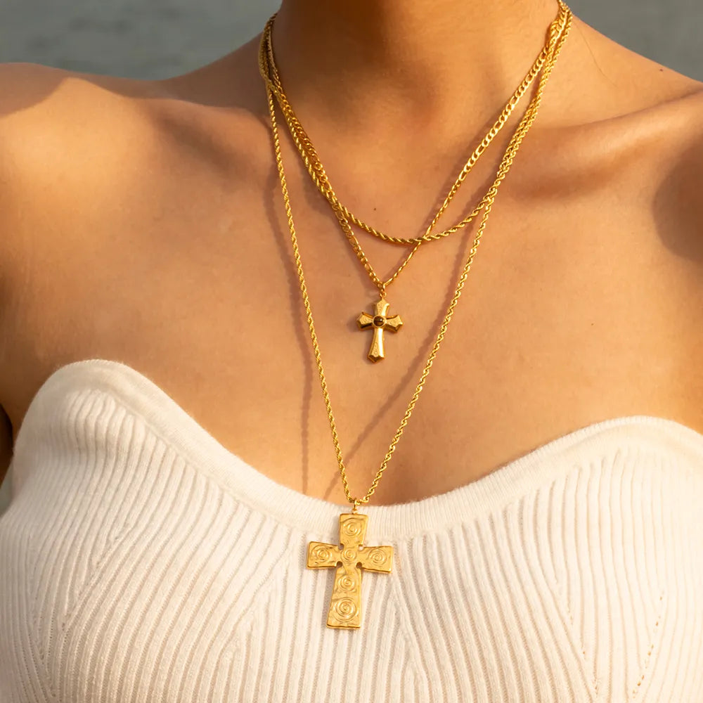 18K Gold-Plated Double Layered Cross Necklace in Gold - women's layered necklace