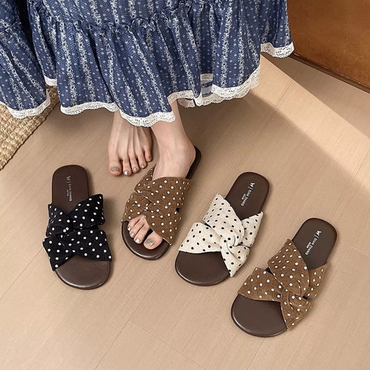Bow-Knot Polka Dot Flat Sandals in Black - women's flat sandals