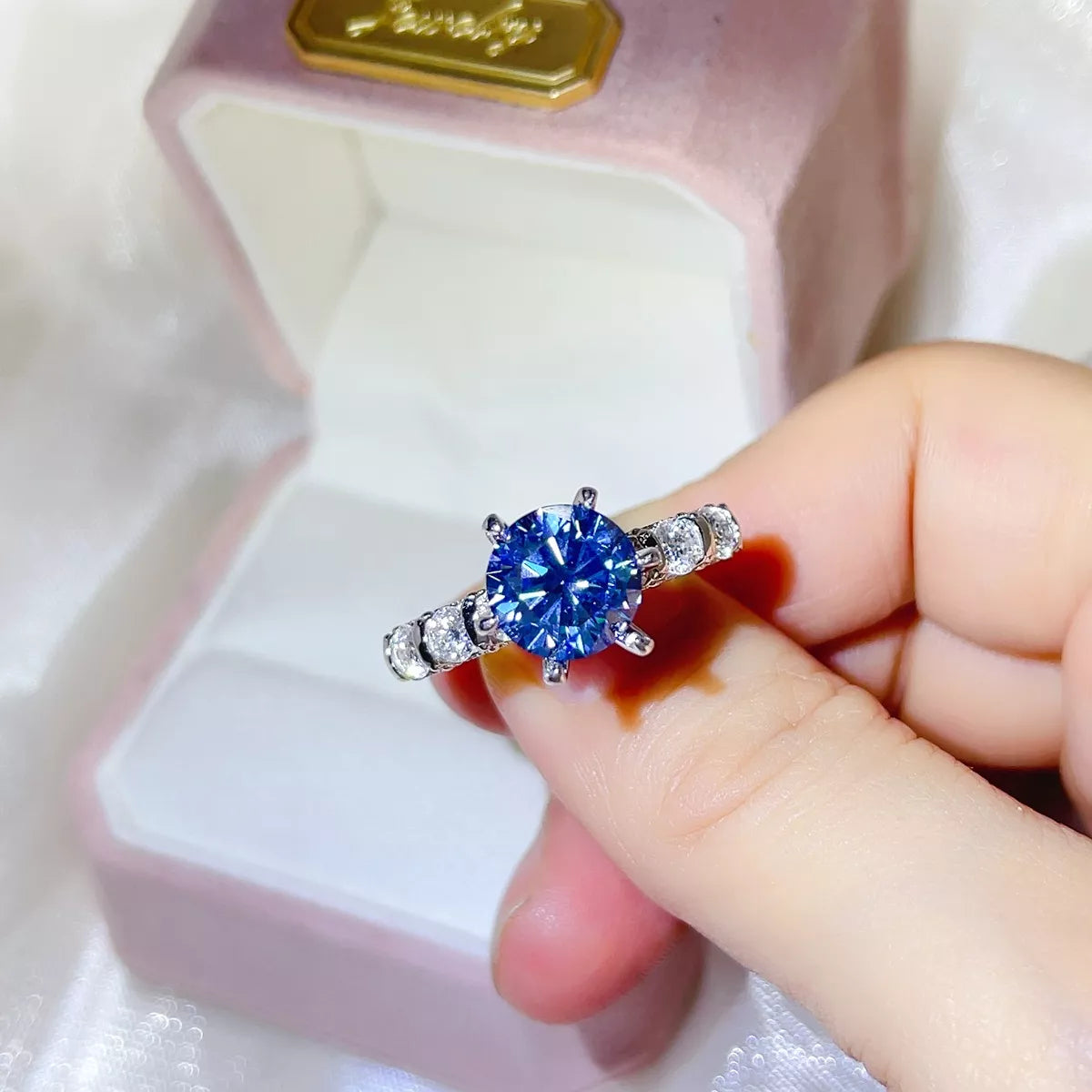 3 Carat Sterling Silver Moissanite Ring in Blue - women's ring