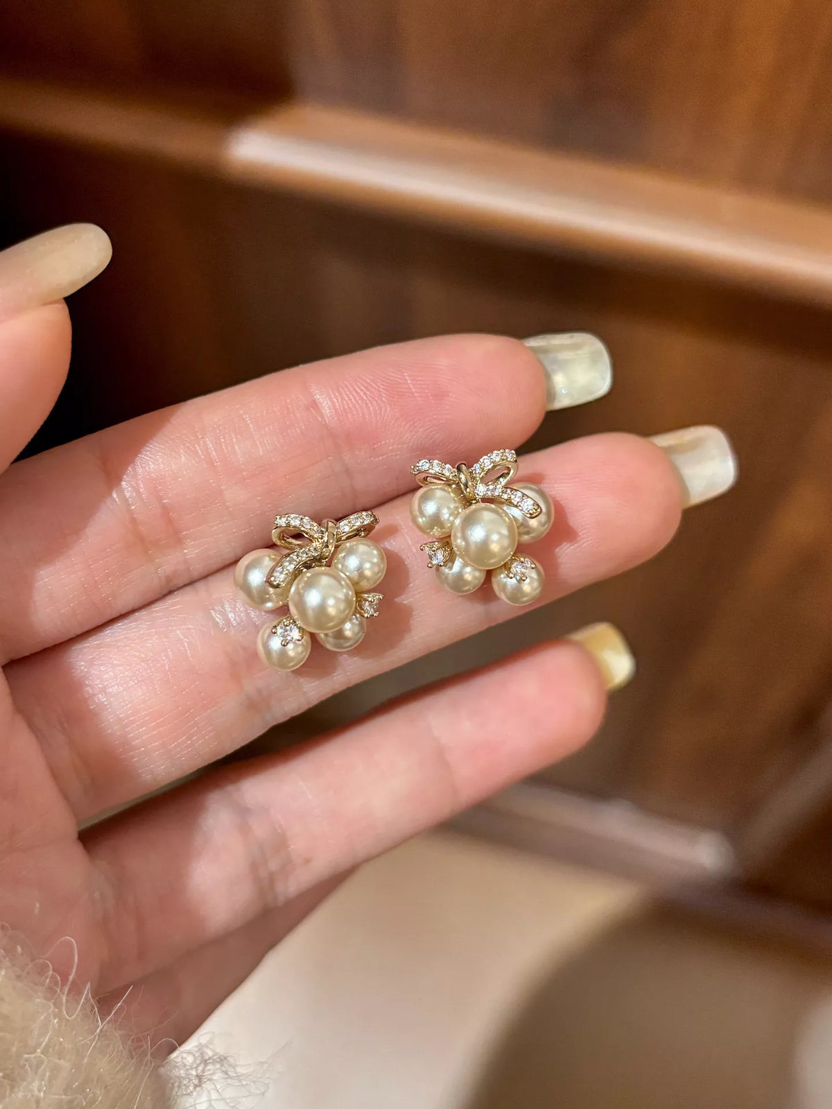 Pearl Cluster Bow Earrings - alternate earring view