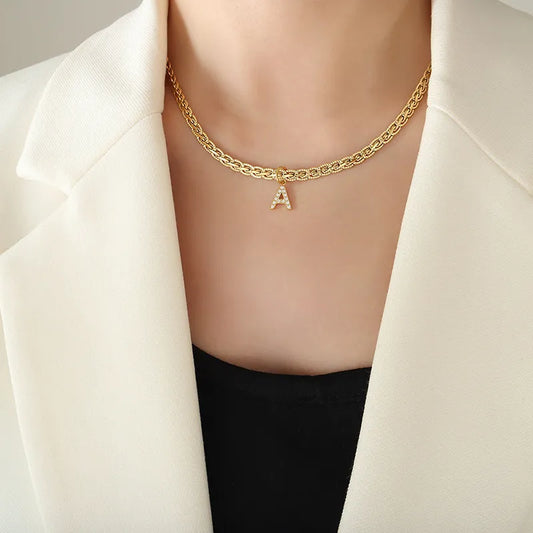 Brass Inlaid Zircon Letter Pendant Necklace in Style A - women's pendant necklace