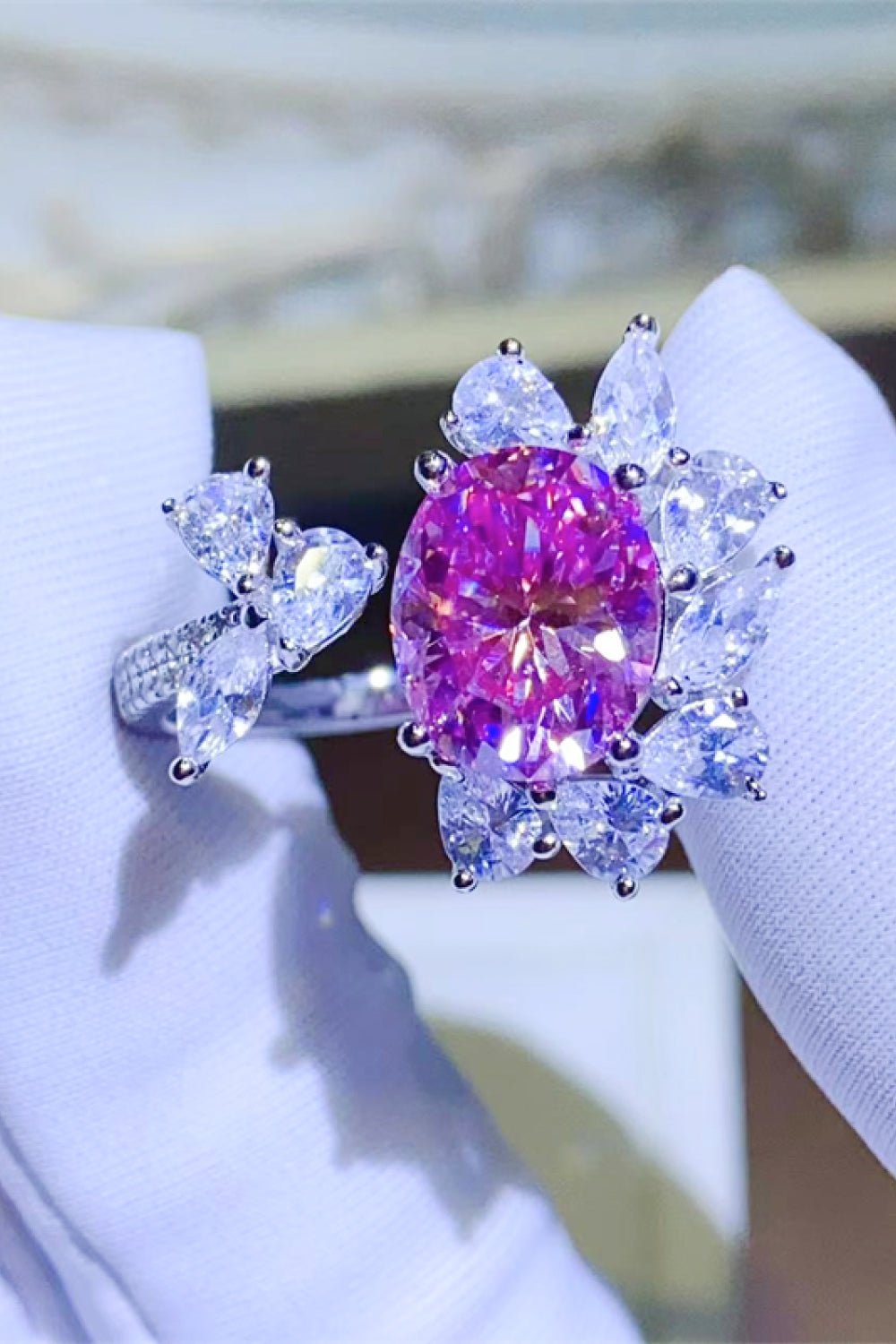 3 Carat Moissanite Sterling Silver Open Ring in Deep Rose - women's open ring
