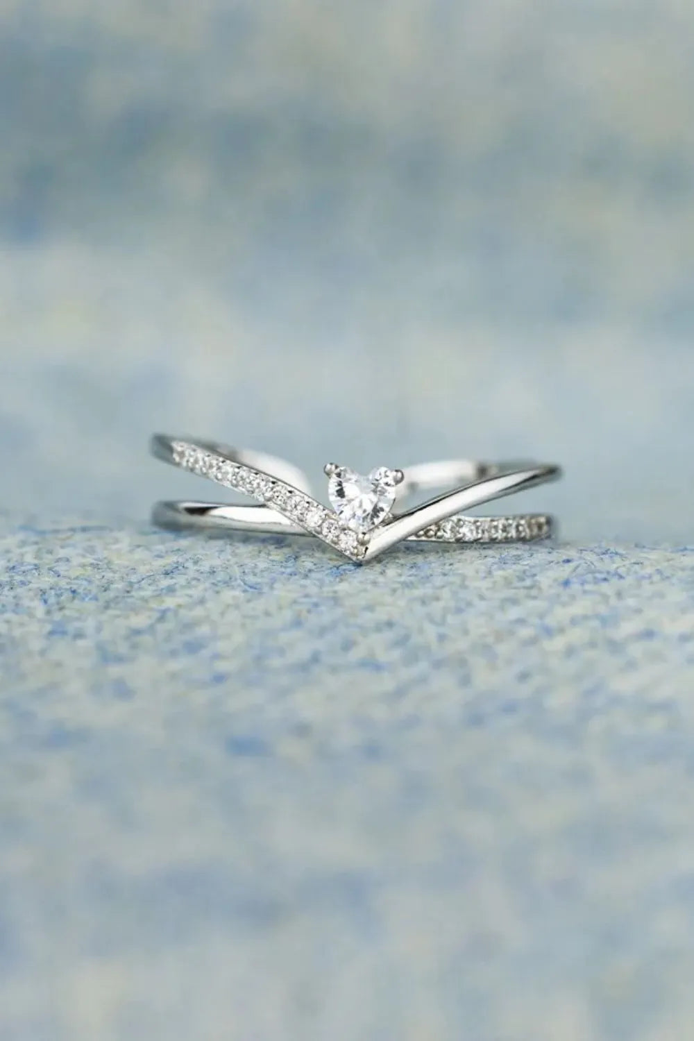 Sterling Silver Inlaid Zircon Heart Open Ring - alternate ring view
