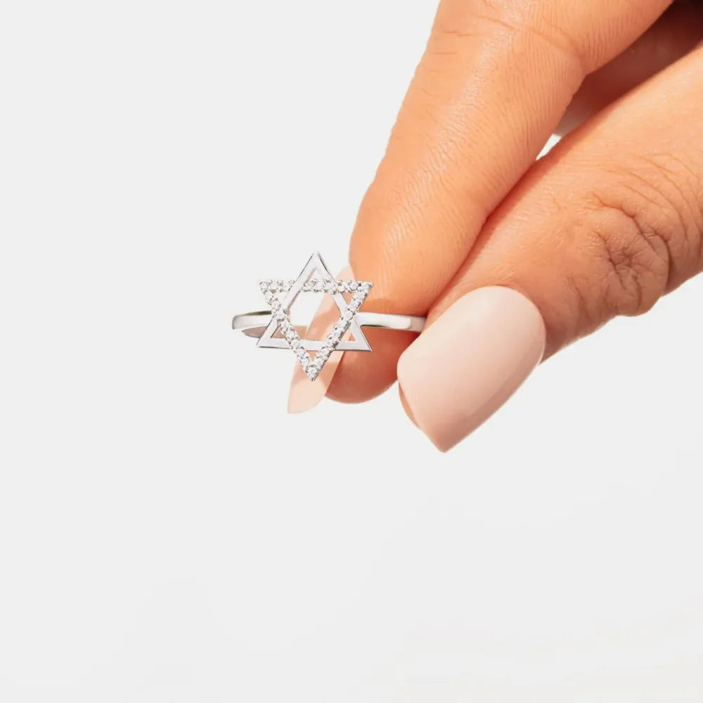 Sterling Silver Inlaid Zircon Hexagram Ring in White - women's ring