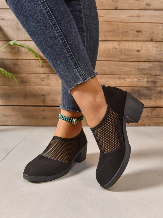 Mesh Panel Block Heel Pumps in Black - women's heels