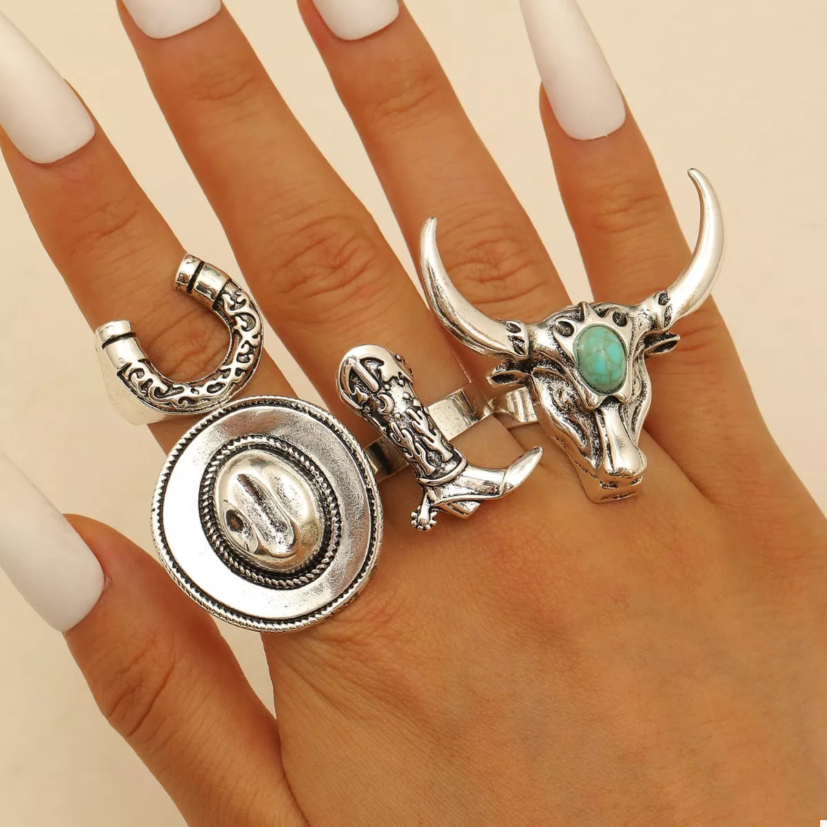 4 Piece Vintage Western Style Bull Head Rings - alternate ring view