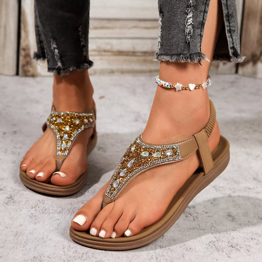 Toe-Post Rhinestone Sandals in Brown - women's thong sandals
