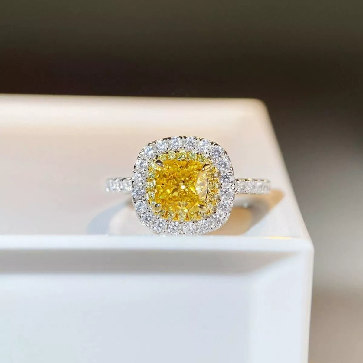 Sterling Silver Zircon Cushion Cut Ring in Light Yellow - women's ring