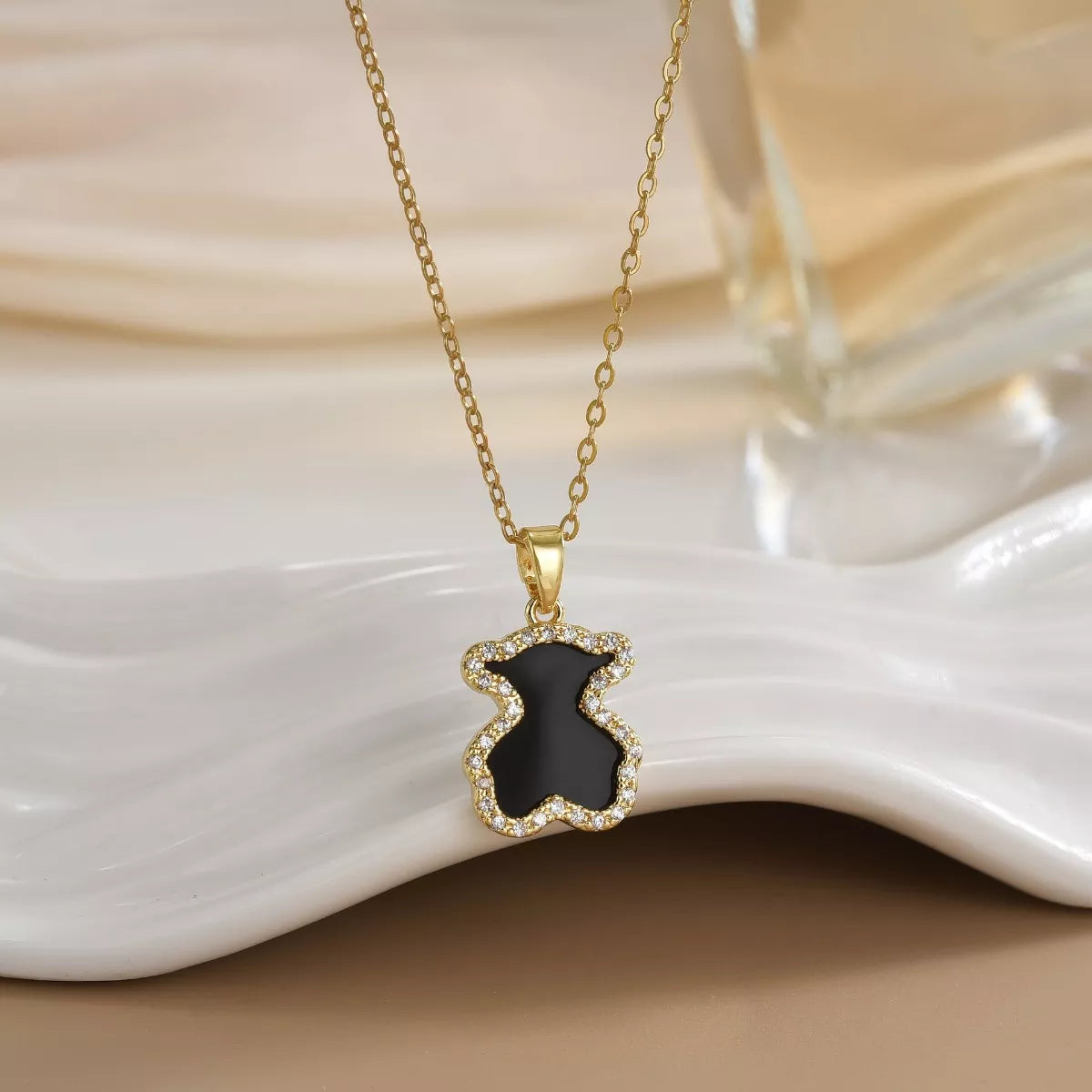 18K Gold-Plated Bear Pendant Necklace in Black - women's pendant necklace