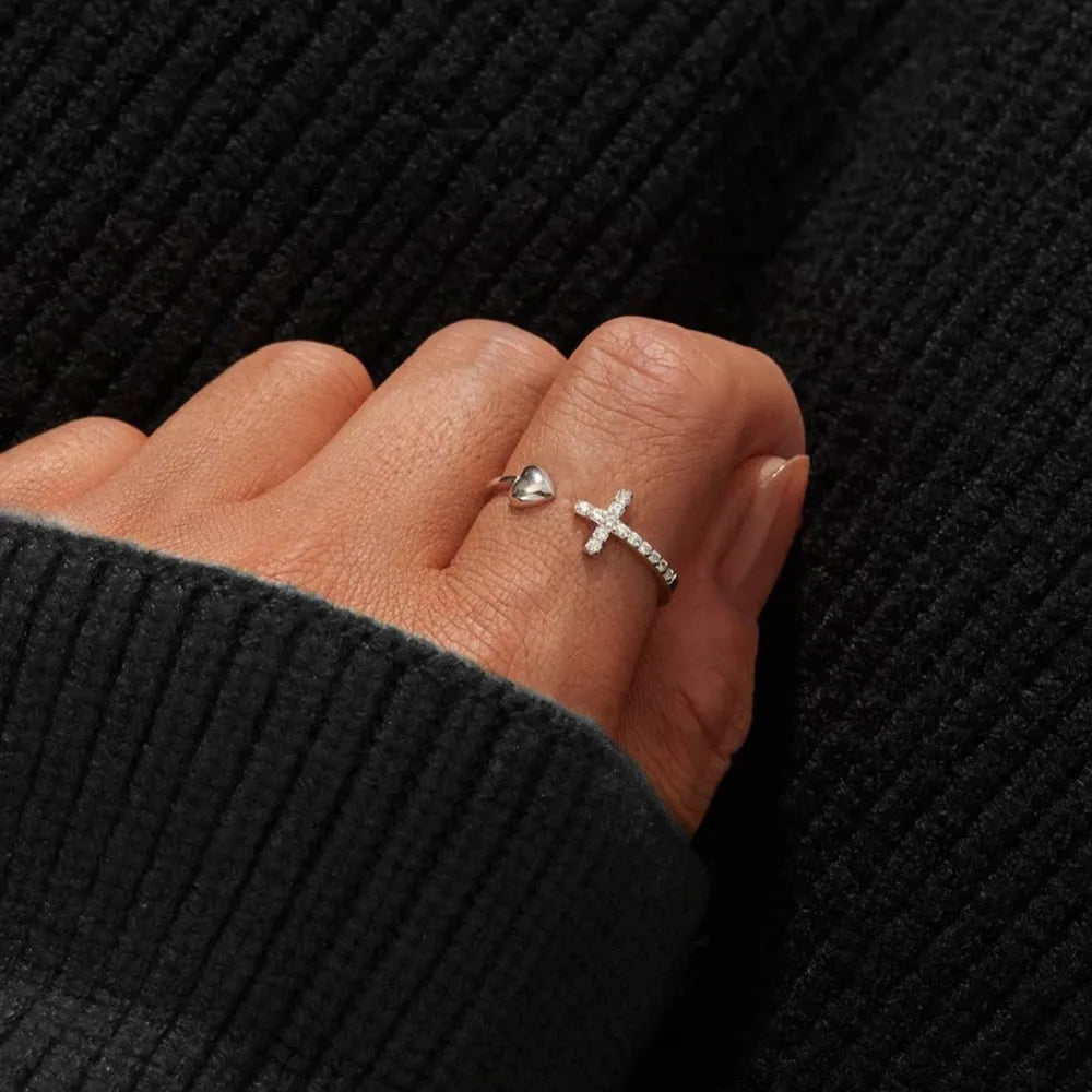 Heart Shape Cross Inlaid Zircon Open Ring - alternate ring view