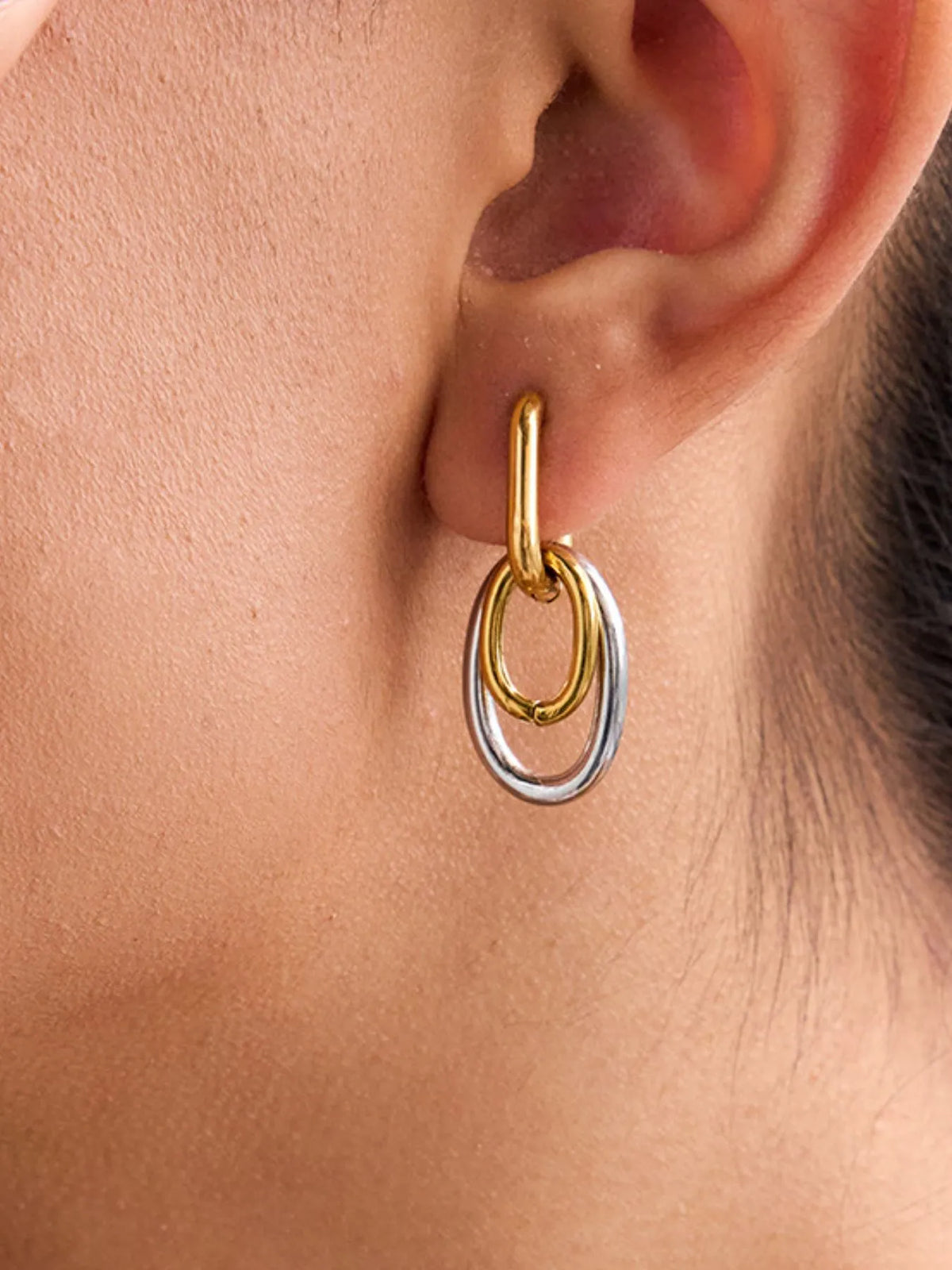 Stainless Steel Two-Tone Interlocked Hoop Earrings - alternate earring view