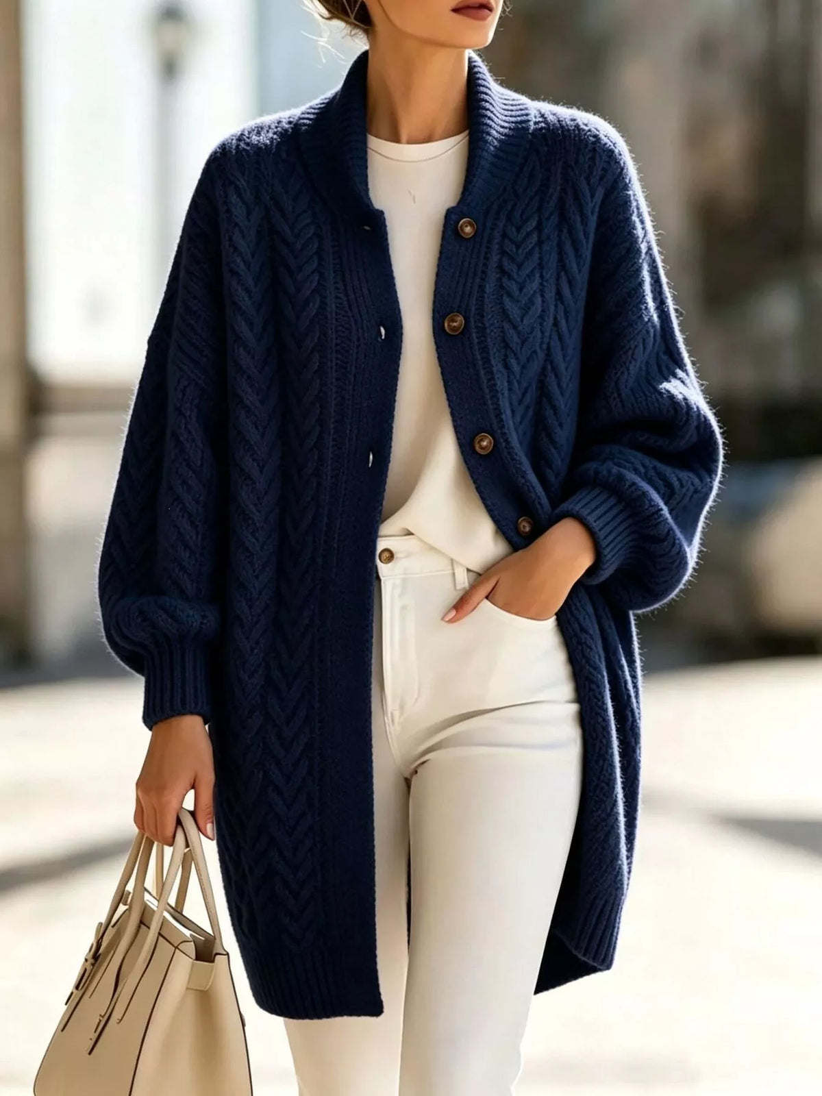 Cable-Knit Button-Down Cardigan in Light Blue - women's cardigan