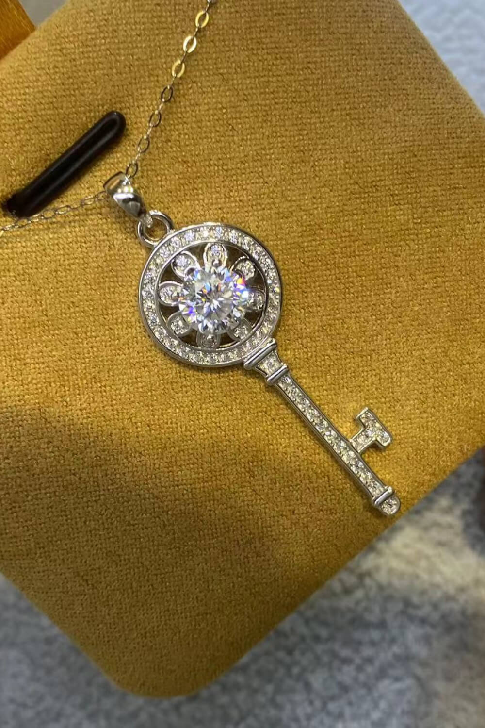 1 Carat Moissanite Platinum-Plated Key Pendant Necklace - alternate necklace view