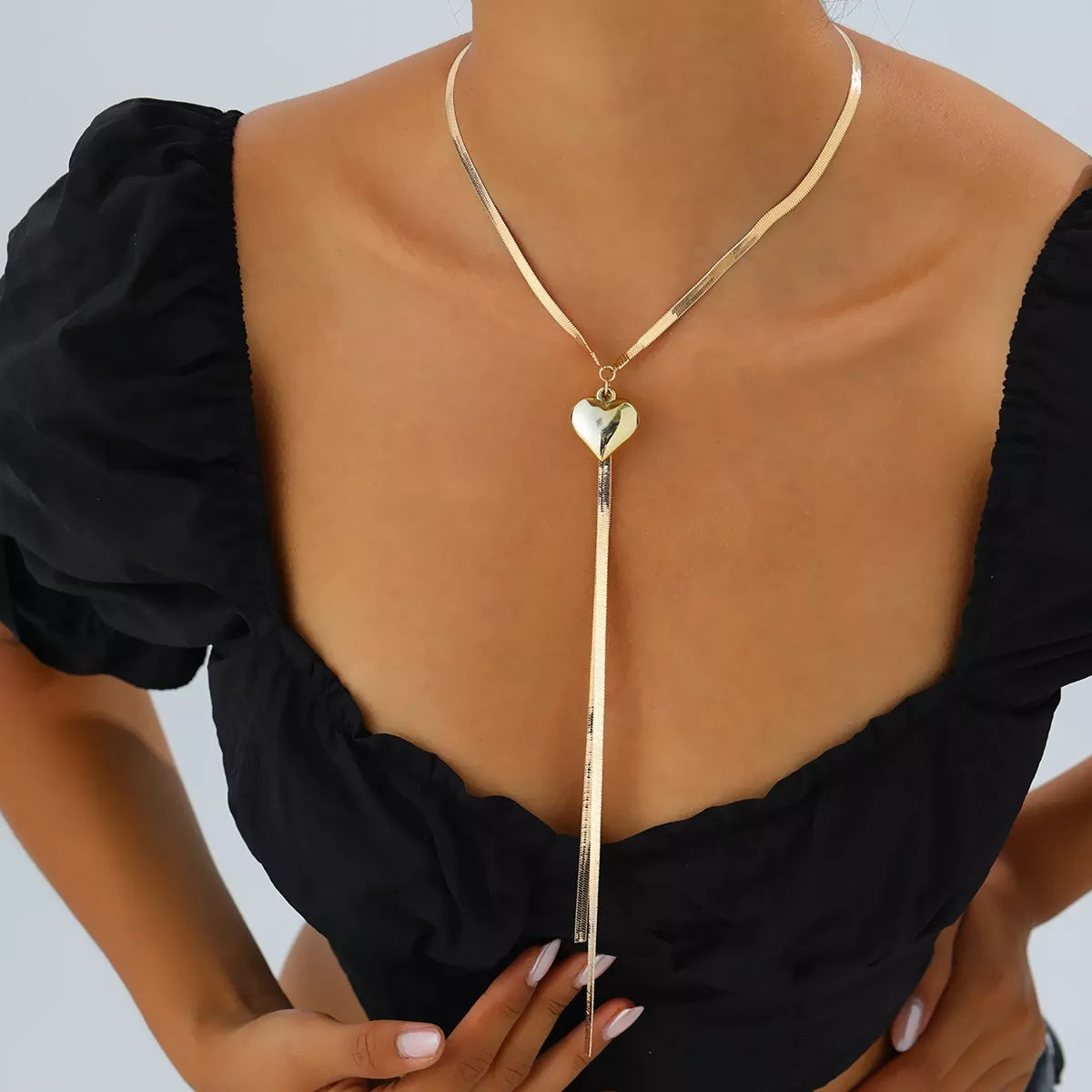 Gold-Tone Herringbone Chain Necklace with Heart Pendant Lariat Design - alternate necklace view