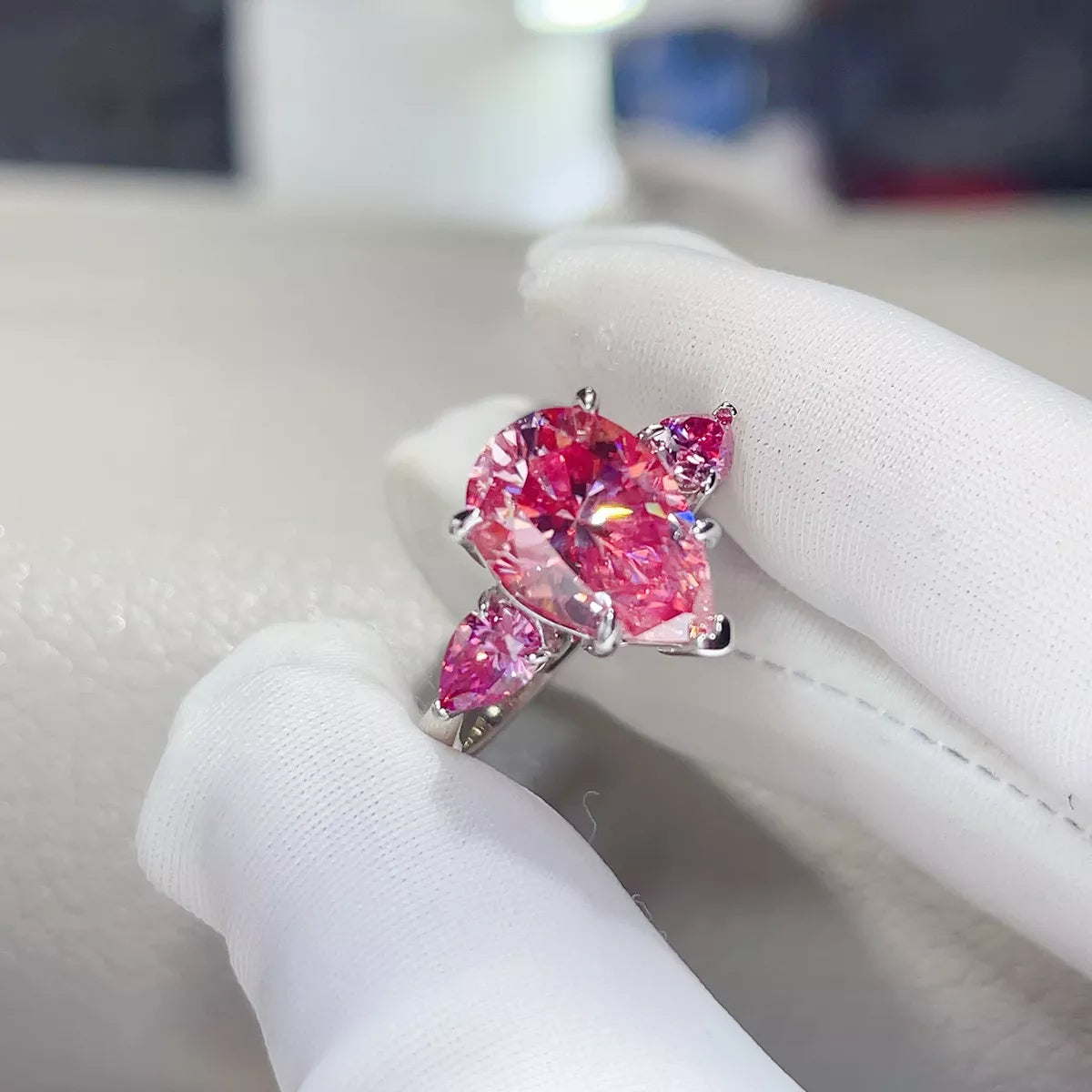 6 Carat Moissanite Sterling Silver Teardrop Ring in Pink - women's ring