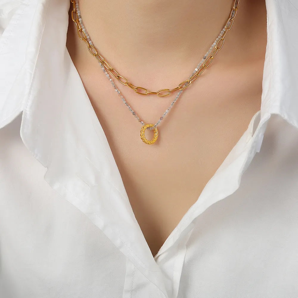 Beaded Double-Layered Titanium Steel Necklace - alternate necklace view