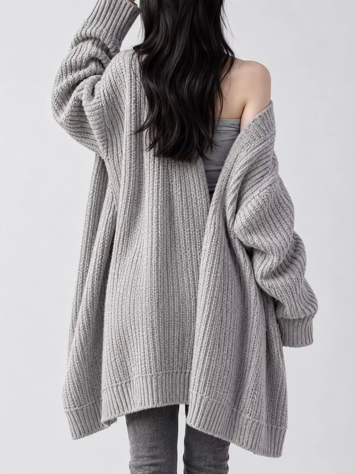Chunky-Knit Openwork Front Longline Cardigan in Medium Gray - women's cardigan